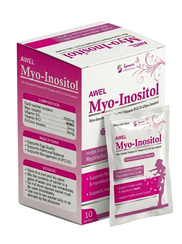 AWEL Myo-Inositol Sachet box – 2000mg Myo-Inositol + D-Chiro Inositol 50mg with Vitamin D3 & B12 for PCOS support and hormonal balance in Pakistan