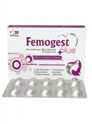 Femogest Plus hormone balance capsules packaging – Soy Isoflavone, Maca Root, and Chaste Tree for menstrual cycle support in Pakistan