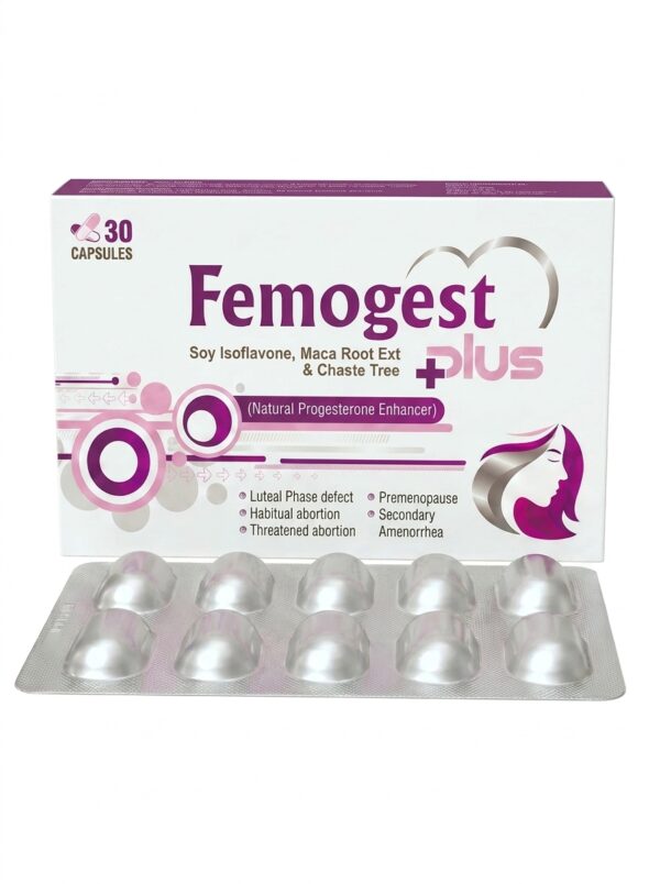 Femogest Plus hormone balance capsules packaging – Soy Isoflavone, Maca Root, and Chaste Tree for menstrual cycle support in Pakistan