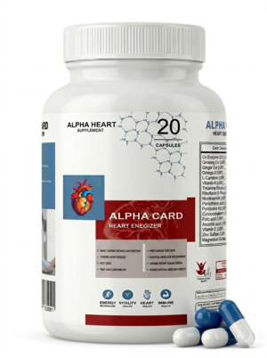 Alpha Card heart energizer supplement with 20 capsules, formulated with CoQ10 and Ginseng for daily cardiovascular support in Pakistan.
