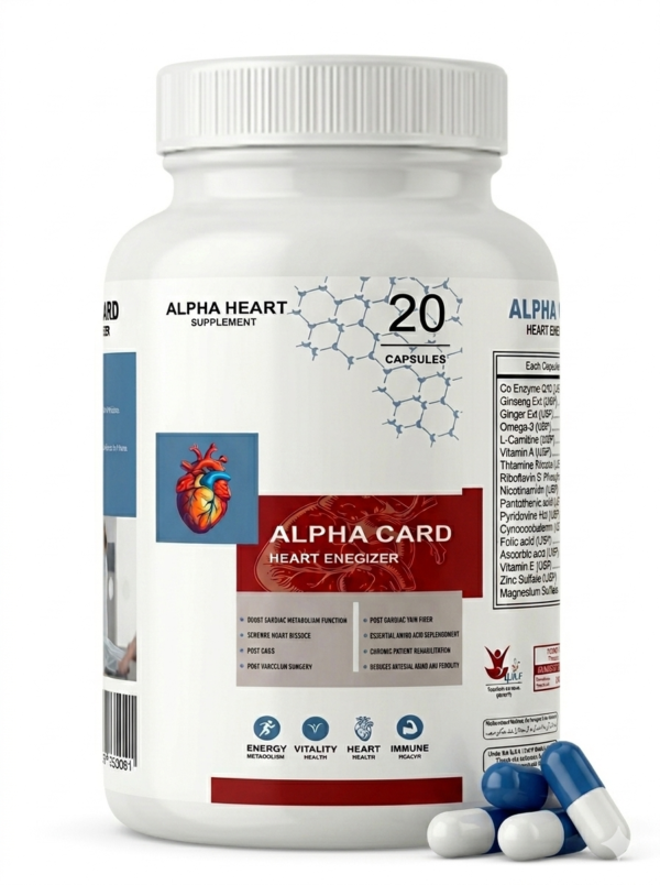 Alpha Card - Daily Heart Supplement by Syncar Nutraceuticals Alpha Card heart energizer supplement with 20 capsules, formulated with CoQ10 and Ginseng for daily cardiovascular support in Pakistan.