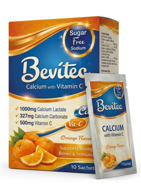 Bevitec calcium sachet with Vitamin C orange flavor packaging – sugar-free formula for strong bones and immunity in Pakistan
