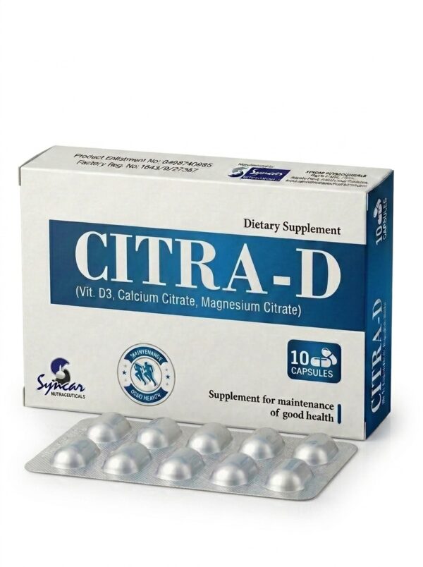 CITRA-D dietary supplement packaging featuring Calcium Citrate 300mg, Magnesium Citrate 200mg, and Vitamin D3 400IU. A premium calcium citrate supplement in Pakistan.