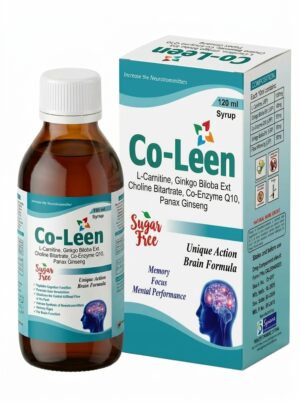 Co-Leen brain support syrup bottle with CoQ10 and Ginkgo Biloba for memory and focus – Syncar Nutraceuticals 120ml