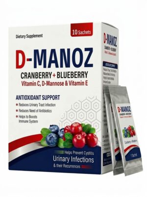 D-MANOZ UTI sachets box packaging - Cranberry D-Mannose drink mix with Vitamin C and Blueberry for urinary tract infection prevention.