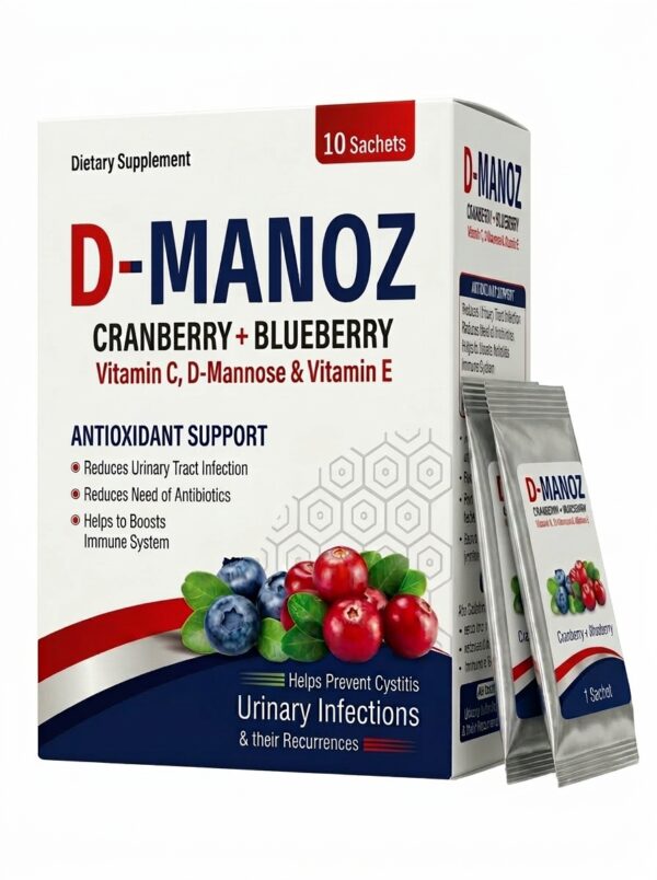 D-MANOZ UTI sachets box packaging - Cranberry D-Mannose drink mix with Vitamin C and Blueberry for urinary tract infection prevention.