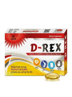 D-Rex Vitamin D3 200,000 IU and Vitamin K2 weekly liquid softgel capsule packaging box mockup