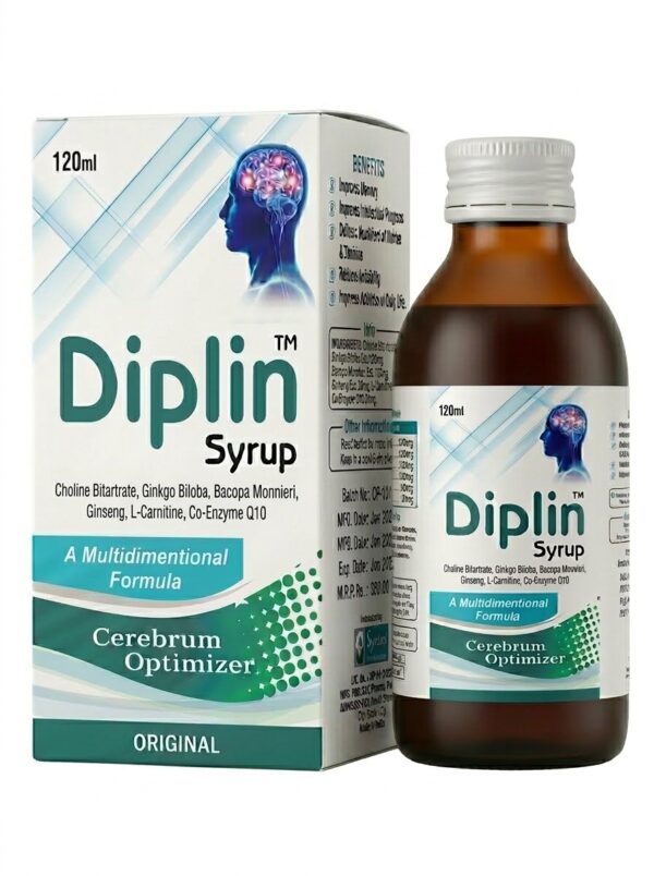 120ml Diplin Syrup bottle by Syncar Nutraceuticals - Natural Cerebrum Optimizer supplement for memory support and vertigo relief in Pakistan.
