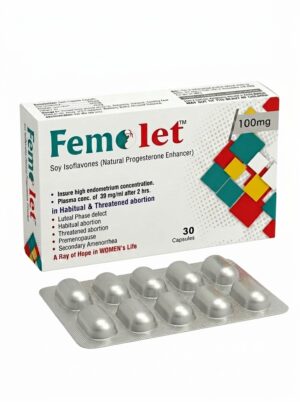 Femolet 100mg natural progesterone capsules packaging box by Syncar Nutraceuticals