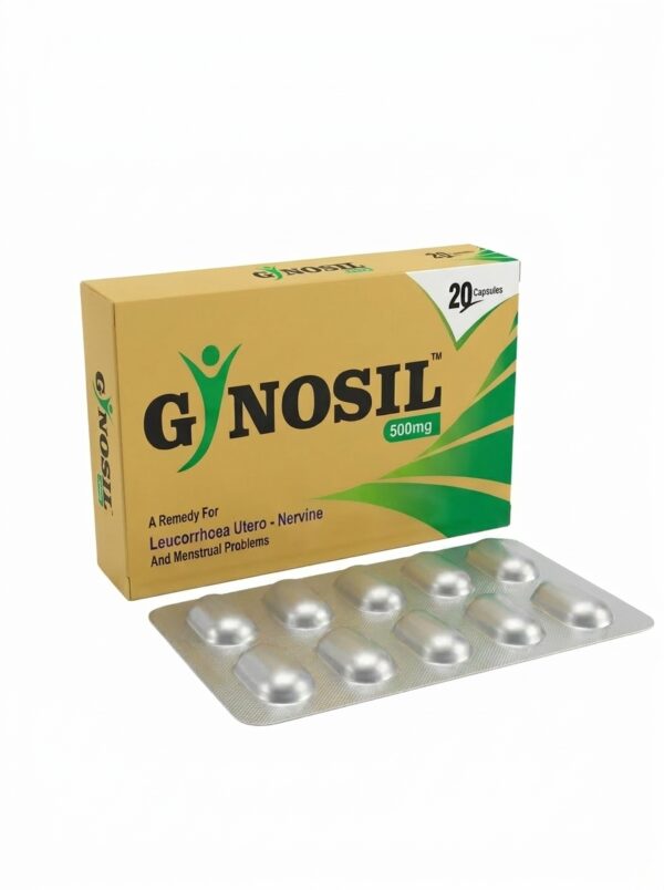 Gynosil 500mg 20-capsule pack - Natural Leucorrhoea Medicine & Nervine Tonic for women's reproductive health in Pakistan.