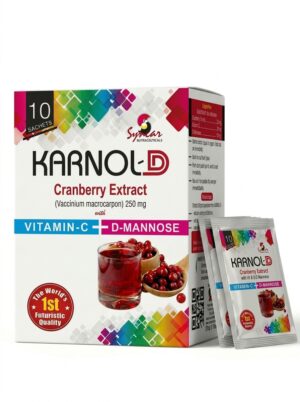 KARNOL-D cranberry and D-Mannose sachet packaging for urinary tract infection relief and heart support – 250mg, 10 sachets, manufactured by Syncar Nutraceuticals in Pakistan.
