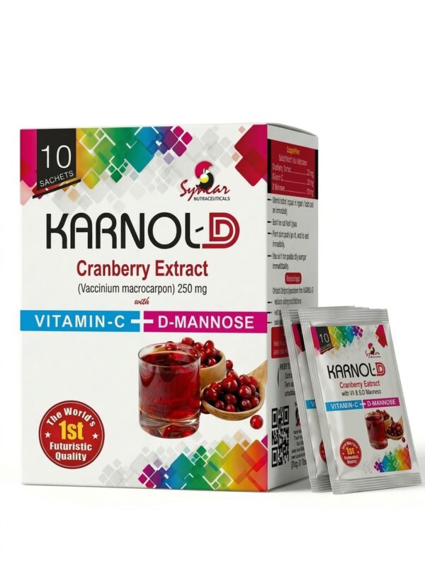 KARNOL-D Cranberry & D-Mannose UTI Sachet Packaging – 10 Sticks KARNOL-D cranberry and D-Mannose sachet packaging for urinary tract infection relief and heart support – 250mg, 10 sachets, manufactured by Syncar Nutraceuticals in Pakistan.