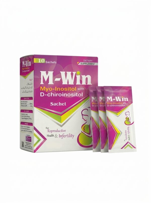 M-Win Myo-Inositol sachet 1000mg D-chiroinositol 25mg packaging for PCOS and hormonal balance in Pakistan