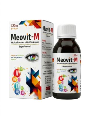 Meovit-M Multivitamin and Multimineral Supplement Syrup 120ml packaging, highlighting eye health benefits, daily energy support, and a comprehensive vitamin and mineral profile.