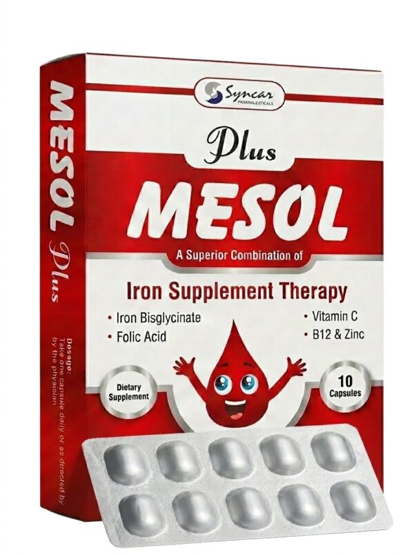 Mesol Plus 10 capsules box - best iron supplement in Pakistan for anemia and fatigue support with Iron Bisglycinate.