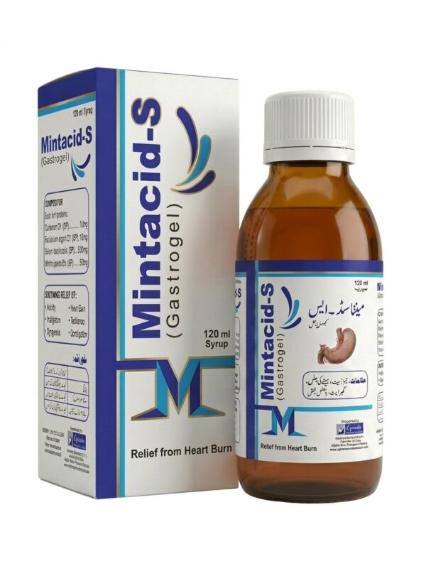 Mintacid-S Gastrogel 120ml syrup bottle - fast-acting acidity, gas, and heartburn relief formula for digestive health in Pakistan.