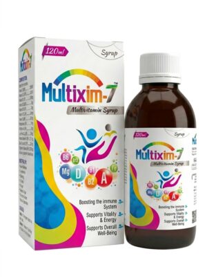 Multixim-7 liquid multivitamin syrup packaging with Iron, Zinc, and Magnesium by Syngra Nutraceuticals