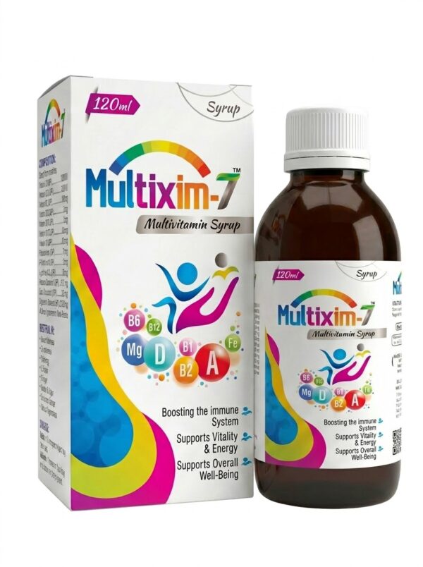 Multixim-7 liquid multivitamin syrup packaging with Iron, Zinc, and Magnesium by Syngra Nutraceuticals