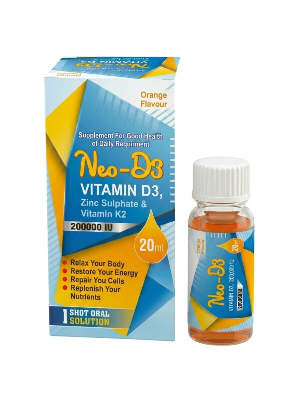 Neo-D3 Vitamin D3 200,000 IU, Vitamin K2, and Zinc oral solution orange flavor 20ml shot packaging by Syncar Nutraceuticals