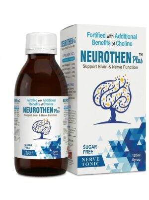 Neurothen Plus 120ml sugar free brain tonic syrup packaging box mockup.