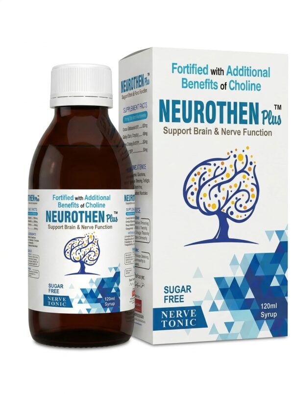 Neurothen Plus 120ml sugar free brain tonic syrup packaging box mockup.