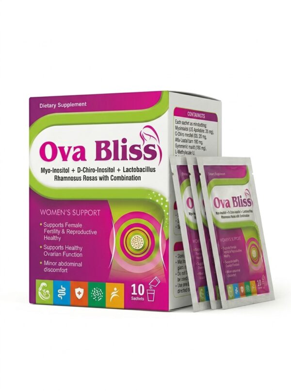 Ova Bliss PCOS sachet with Myo-Inositol & D-Chiro-Inositol for fertility, hormonal balance, and ovarian health in Pakistan.