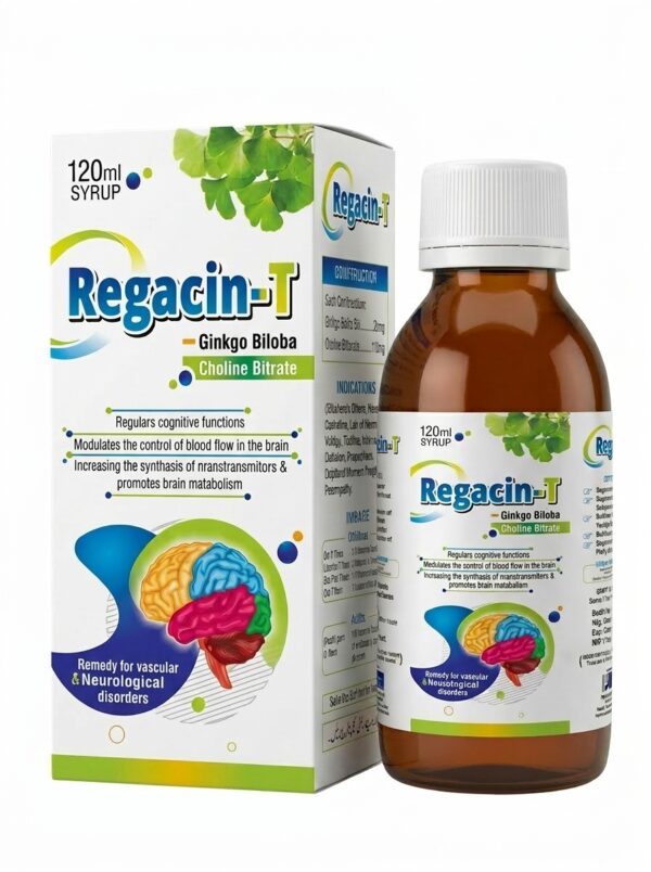 Regacin-T 120ml syrup bottle packaging mockup showing Ginkgo Biloba and Choline Bitartrate ingredients for cognitive health.