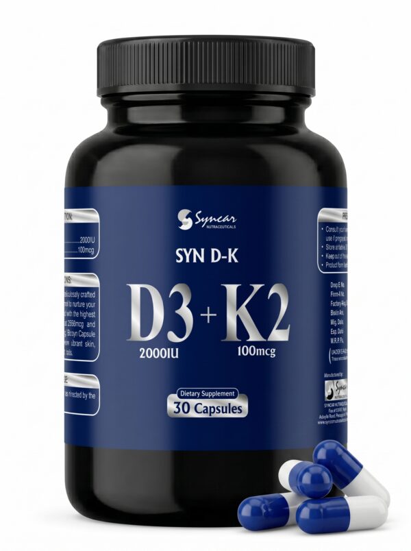 SYN D-K Vitamin D3 and K2 supplement in Pakistan – 2000IU D3 plus 100mcg K2 capsules by Synacare Nutraceuticals