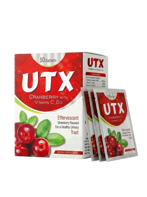 UTX Cranberry Extract Sachet 10s packaging mockup displaying strawberry flavored effervescent powder for urinary tract infection support in Pakistan.