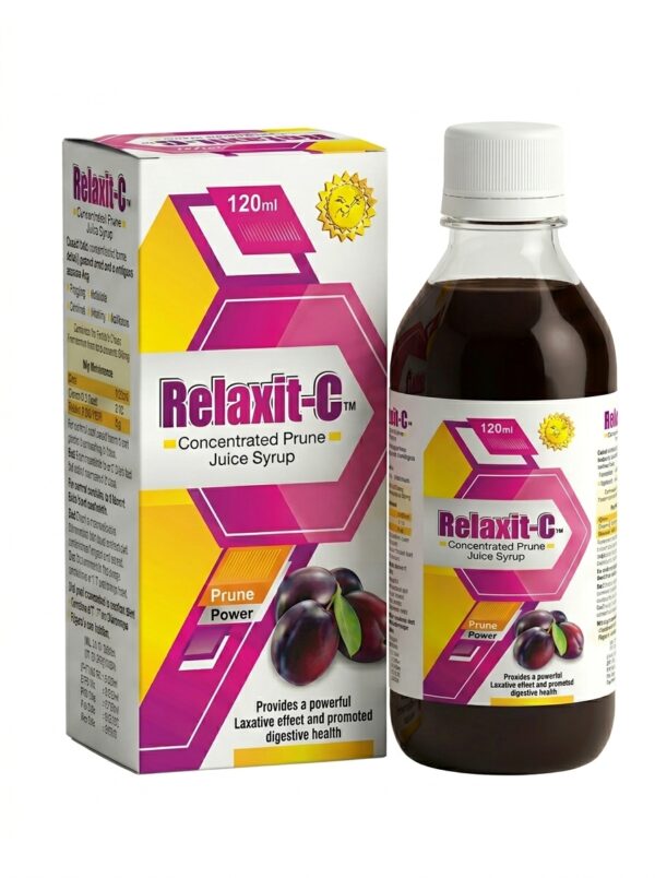 Relaxit-C natural prune syrup 120ml bottle and packaging box with fresh plums for gentle constipation relief and digestive health support in Pakistan.