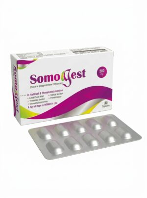 SomoGest 200mg natural progesterone supplement packaging box of 30 capsules manufactured by Syncar Nutraceuticals.